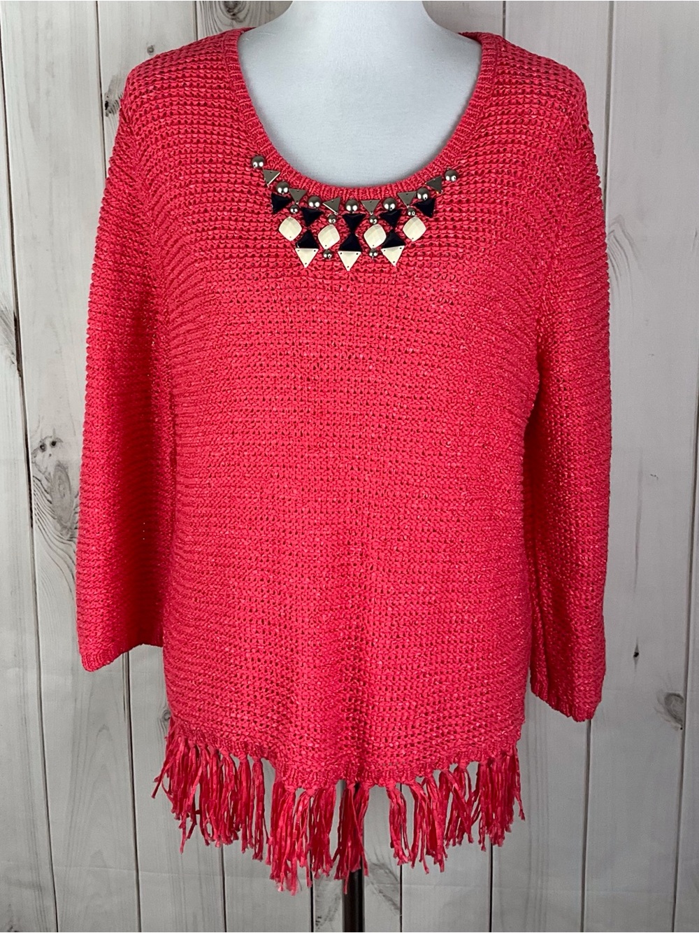 Ruby Rd Sweater Women’s Size XL Coral Pink Embellished Long Sleeve Fringe Hem